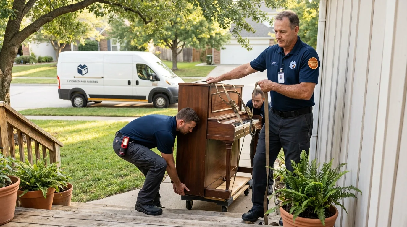 Licensed piano movers securing grand piano in State Line, PA