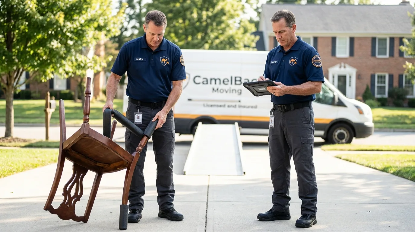 Movers inspecting furniture for damage prevention before loading in State Line, PA