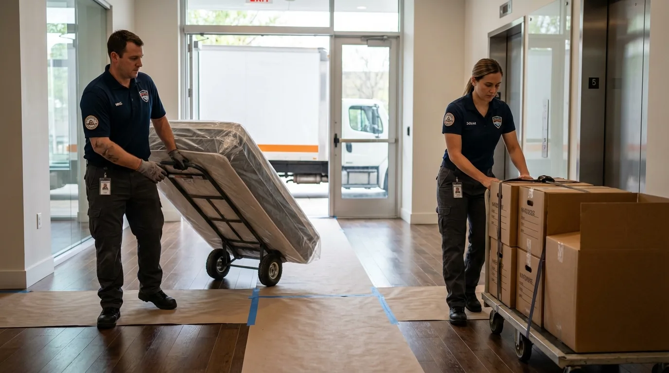 Professional apartment movers loading elevator in State Line, PA