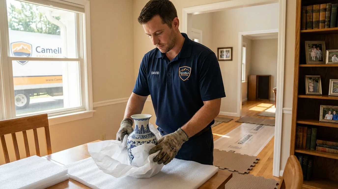 Professional crew carefully wrapping antique vase for senior downsizing move in State Line, PA